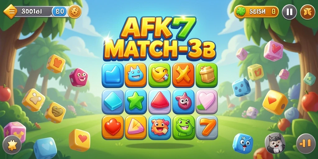 Screenshot gameplay AFK77 menunjukkan elemen Match-3 yang penuh warna.