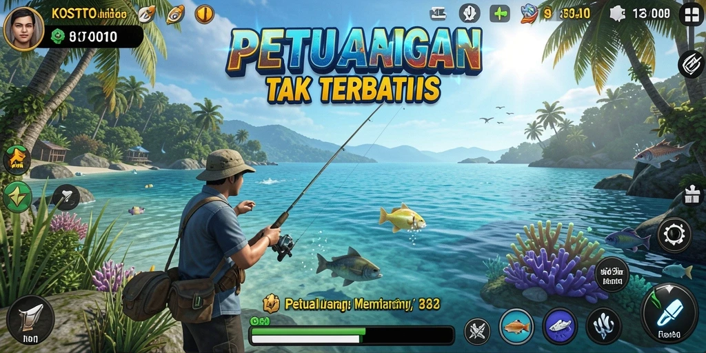 Tampilan gameplay KOSTOTO yang seru saat memancing di lokasi eksotis.