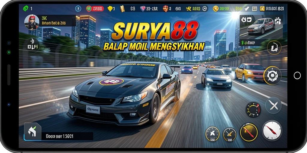 Tampilan gameplay seru di SURYA88 dengan mobil balap yang menawan.