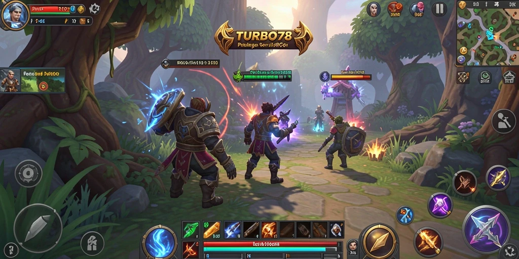 Screenshot gameplay TURBO78 menampilkan pertarungan epik dan eksplorasi dunia.